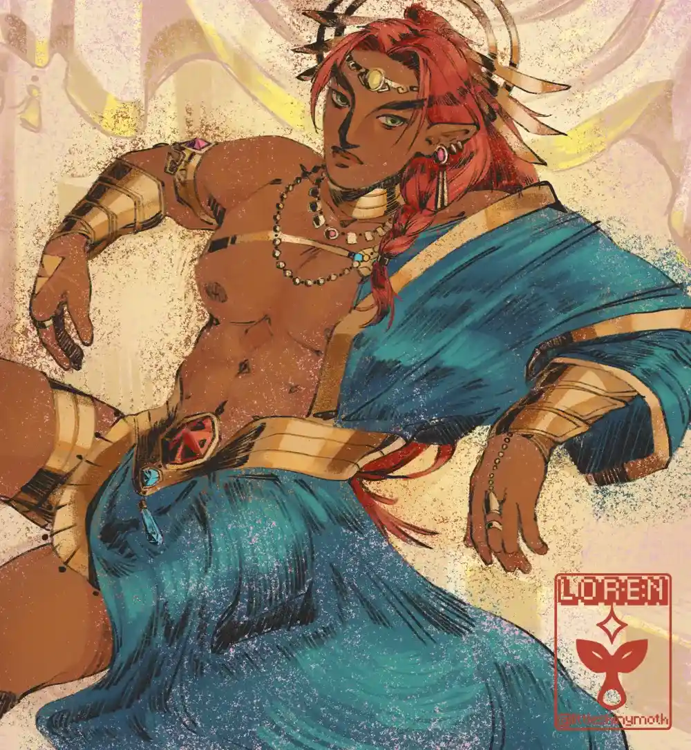 A gerudo character clothed in gold and teal silk reclines, casually looking into the distance.